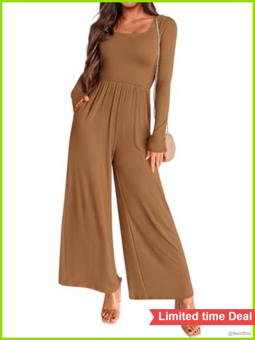Women's Long Sleeve Wide Leg Jumpsuit Square Neck Pockets Casual